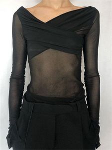 Dames jumpsuits rompertjes tossy doorschijnende pure mesh tops kant lange mouw sexy vrouwelijke nachtclub bodysuit skinny wrap dames body zwart 230922