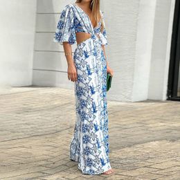 Dames Jumpsuits Rompertjes WildPinky Zomer Boho Vneck Halve Mouw Hoge Jumpsuit Vrouwen Hollow Out Print Chic Streetwear Wijde Pijpen Romper 230619