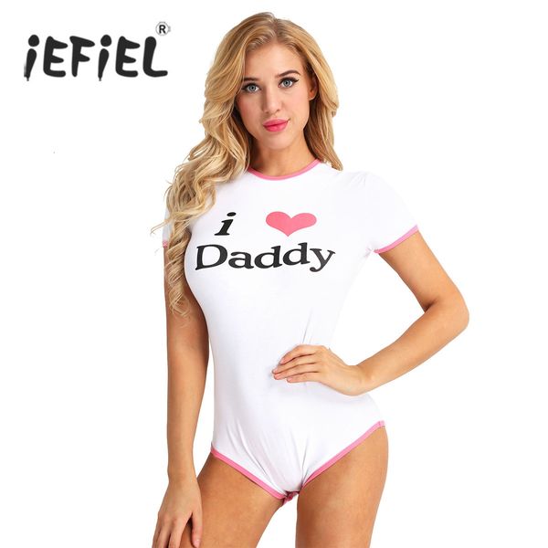 Macacões Macacões Femininos Adulto I Love Daddy Padrão Manga Curta Snap Virilha Algodão Macacão Sexy Macacão Body Suits para Fantasias Festa Bodystocking 230214