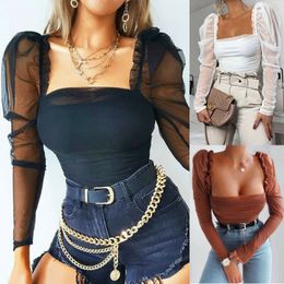 Femmes Combinaisons Barboteuses Femmes Dames Sexy Body Long Mesh Puff Sleeve Square Neck Bodyon Slim Stretchy Jumpsuit Romper Fashion 230520