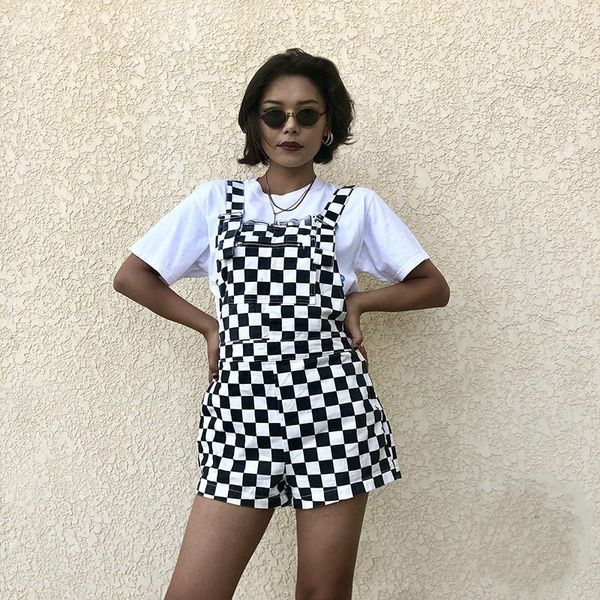 Womens Jumpsuits Barboteuses femmes Vintage damier Plaid combinaison jarretelle salopette bretelles combishort Streetwear décontracté Shorts un