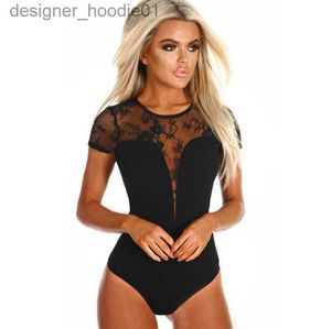 Womens Jumpsuits Rompers Femmes combinaisons barboteuses noir maille dentelle transparente manches courtes Body femmes Oneck maigre corps Combinaison Femme barboteuse Combinaison Cl