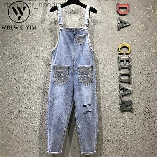 Womens Jumpsuits Rompers Femmes combinaisons barboteuses printemps Denim combinaison femmes taille haute jambe large barboteuse trou jean salopette femme été sans manches strass L