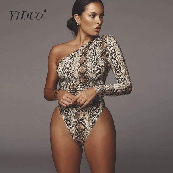 Combinaisons de femmes Rompers Yiduo One épaule Fashion Snake Imprimé Bodys sexy Bodys Short Rober Jumps Slim Slim Long manches féminines Leopard Body Mujer 230520