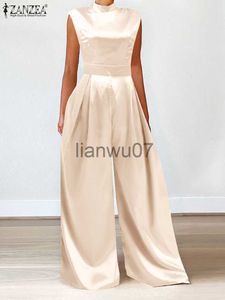 Dames Jumpsuits Rompertjes ZANZEA 2023 Party Satijn Jumpsuit Vrouwen Zomer Mode Mouwloze Hoge Taille Jumpsuits Elegante Hoge Kraag Wijde Pijpen Broek Overal J230629