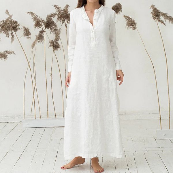 Femmes Kaftan Coton Robe blanche à manches longues Casaul Casaul surdimensionné surdimension