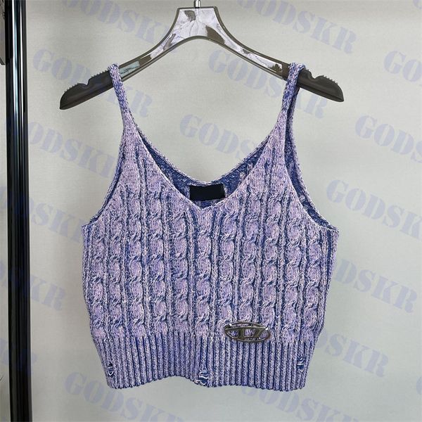 Débardeurs en tricot pour femmes T-shirt court sexy Tops violets Camisoles à logo en métal Gilets à col en V Vêtements pour femmes