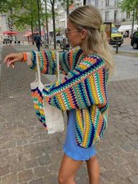 Tricots des femmes Crochet Crochet Striped Treed Cardigans Femme Pull 2024 Fall Vintage Loose Long Femme Femme Casual Y2k