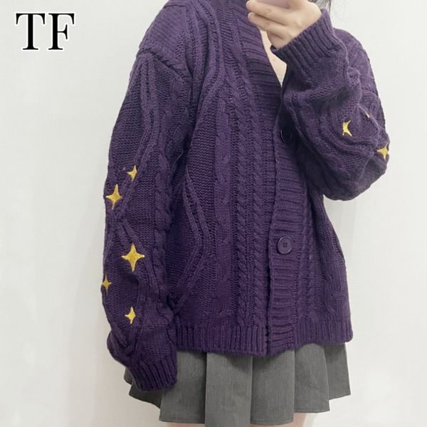 Femmes tricots t-shirts automne violet foncé Cardigan femmes maintenant Y2k Speak Star pulls brodés lâches cardigans tricotés Tay col en V Lor pull manteaux 230818