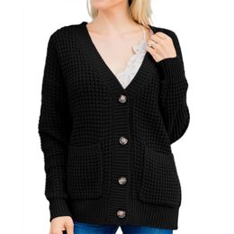 Camisetas de punto para mujer Cárdigans con botones Frente abierto Manga larga Waffle Knit Suéteres de otoño Abrigo con bolsillos 230818