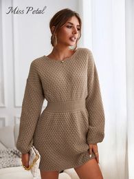 Puntos para mujer Tees MISS PETAL Honeycomb Knit Brown Suéter Vestido Mujer Casual Manga larga Otoño Invierno Jerseys Ropa de abrigo 231018