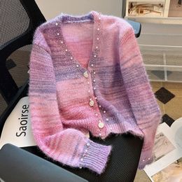 Cañas para mujeres Tees Pink Purple suave glutinoso suéter para mujeres suéter de cárdigan vneck de outum