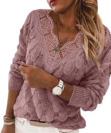 Femmes tricots t-shirts femmes dentelle col en V à manches longues pull pulls léger tricot couleur unie nouveauté pull hauts 231019