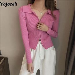 Camisetas tejidas para mujer Yojoceli Cremallera Mujer de punto rosa dulce cardigan Otoño fitness suéter casual Moda básica tejer tops prendas de vestir exteriores 231010