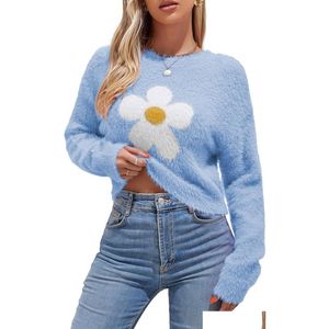 Tejidos de mujer Tees Zaf Fuzzy Knit Sweater Floral Daisy Tampón Tripulación de manga larga Cuello esponjoso Cuerpo informal