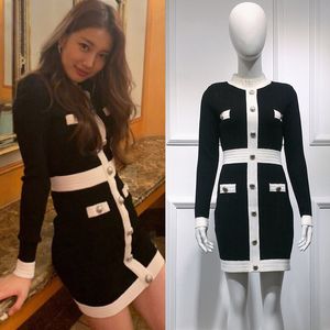 Womens Koreaanse knop gebreide midi-jurk voor vrouwen herfst winter casual elegante jurken kleding kleding vrouw vrouwelijke feestrok