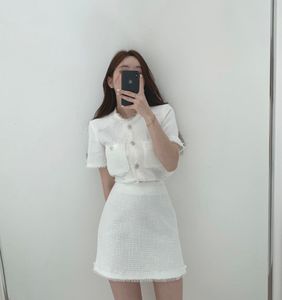 Dames Koreaanse mode O-hals Tweed Top met korte mouwen en A-lijn rok Twinset 2 PC-jurkpak