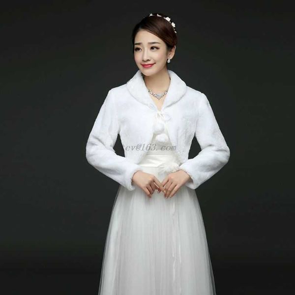 Femmes Lady Fausse Fourrure À Manches Longues Châle Wrap Col À Revers Pompon Boule À Lacets Blanc Haussement D'épaules Cape De Mariée De Mariage Veste Manteau H0923