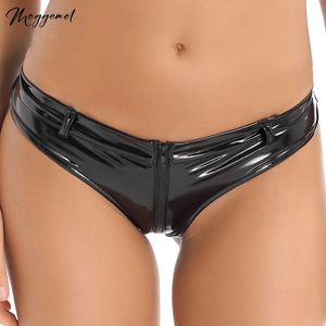 Dames latex slipjes ritssluiting crotch booty shorts glanzende metallic lederen slips sexy lage rise pants voor clubkleding rave dance 240401