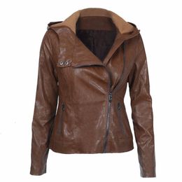 Cuero para mujer Imitación Otoño Invierno Moda europea y americana Con capucha Manga larga Color puro Cuero para mujer Chaqueta corta delgada marrón Mujer 230923