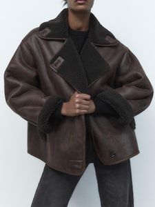 Femmes en cuir Faux automne hiver moto veste femmes Streetwear simple boutonnage agneau manteau en vrac épais Faux daim vêtements d'extérieur 230925