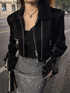 Veste courte en Faux cuir noir pour femme, Streetwear, Moto Biker, fermeture éclair, Punk, manteau de fourrure irrégulière d'hiver, 231129
