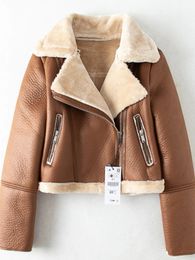 FTLZZ – veste d'hiver en Faux cuir pour femme, manteau court et chaud en fourrure marron pour motard, Streetwear, vestes de Moto en agneau, 231115
