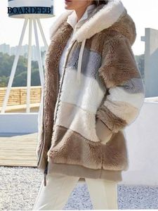 Veste en cuir synthétique polaire pour femme avec capuche, fermeture éclair, bloc de couleur, fourrure douce et décontractée, patchwork, manches longues, manteaux d'extérieur avec poche 231113
