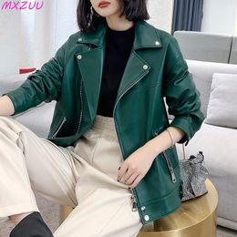 Womens Leather Faux Echte Jas Vrouwen Korte Locomotief Rits Schapenvacht Harajuku Mode Losse Trendy Donkergroen Lederjacke Damen 230828