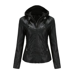 Womens Leather Faux Jacket Dames Lente Capuchon Moto Biker Rits In Outerwears Herfst Abrikoos Zwart Wit Rood Bruin 231129