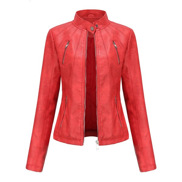 Femmes en cuir fausse vestes pour automne printemps femme manteau noir rouge marron femmes Moto Biker veste à glissière Chaqueta Cuero Mujer 230822