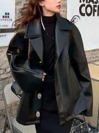 Mulheres de couro falso coreano solto jaqueta feminina outono quente moda chique moto senhora casual outerwear plutônio motociclista casaco streetwear 230131