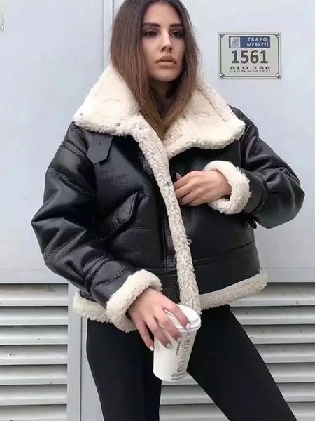 Femmes en cuir simili cuir Janveny veste d'hiver femmes court simili cuir manteau peau de mouton rétro moto Parkas polaire femme neige vêtements d'extérieur 231129