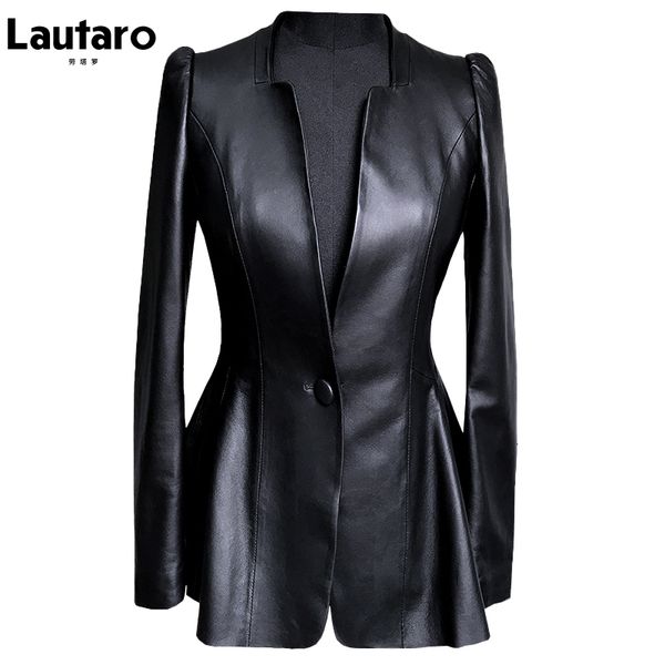 Femmes Cuir Faux Cuir Lautaro Automne Noir Mince Doux Pu Veste En Cuir Femmes Col En V Profond À Manches Longues Bouffantes Élégant De Luxe Jupe Blazer Mode 230216