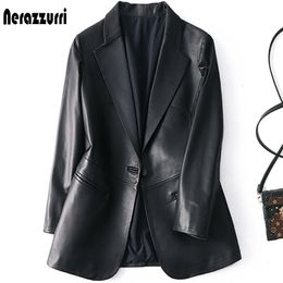 Cuero de cuero para mujer Faux Nerazzurri Spring Autumn Autumn Black Leather Blazer Women Single Button Slim Fit Designer Jackets y abrigos de cuero para mujer 5xl 6xl 7xl 230216