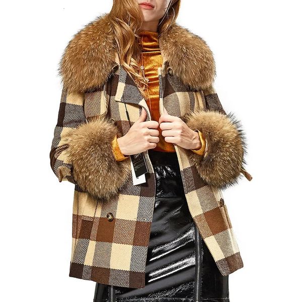 Cuero para mujer Faux MAOMAOKONG Otoño Natural Real Mapache Cuello de piel Puños extraíbles Mujeres Chaqueta a cuadros Mujer Abrigo de lana Ropa de abrigo de invierno 231113