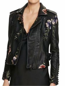 Femmes en cuir Faux printemps automne imprimé floral broderie vestes femmes haute rue Moto Rivet noir Punk vêtements d'extérieur Biker manteaux 230822