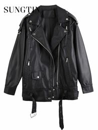 Femmes en cuir Faux Sungtin noir PU vestes femmes avec ceinture surdimensionné coréen lâche moto mode casual vêtements d'extérieur 231129