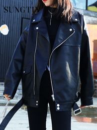 Femmes en cuir Faux Sungtin veste coréenne femmes ceinture surdimensionnée BF Style Punk PU Streetwear haute rue motard manteau 230131