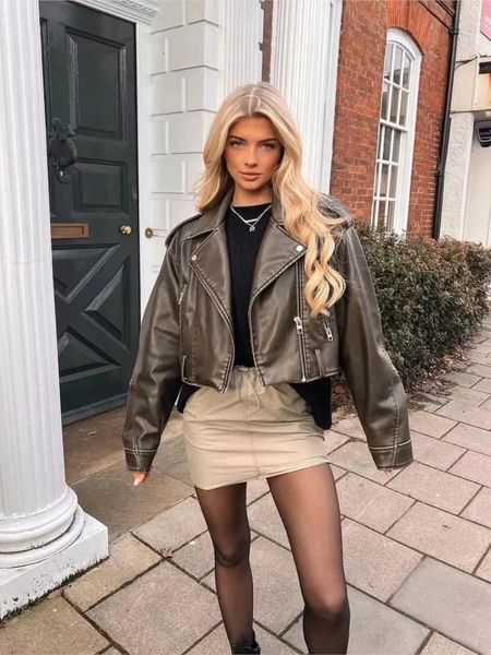 Femmes en cuir Faux Vintage lâche avec ceinture veste courte pour les femmes col rabattu Streetwear femme fermeture éclair rétro Moto Biker vêtements d'extérieur hauts 231129