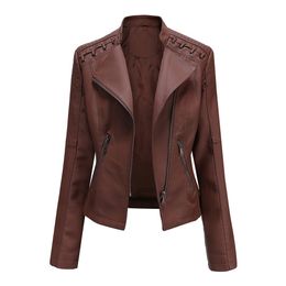 Veste en simili cuir pour femme, taille européenne, manteau printemps-automne Moto Biker fermeture éclair violet café jaune rouge marron marine 230822