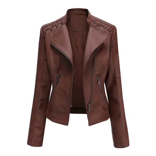 Veste en simili cuir pour femme, taille européenne, manteau printemps-automne Moto Biker fermeture éclair violet café jaune rouge marron marine 231129