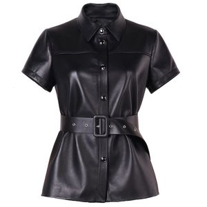 Femmes cuir Faux YOLOAgain simple boutonnage à manches courtes chemise noire femmes été véritable veste dames 230808