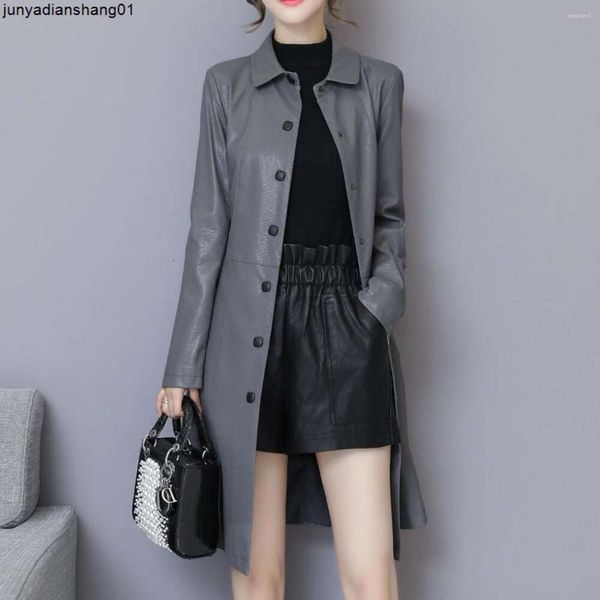 Veste longue en cuir Pu pour femme, Trench-Coat, Slim, vêtements à simple boutonnage, printemps et automne