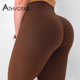 Femmes Leggings ATHVOTAR femmes côtelé solide Fitness taille haute Leggins sans couture femme pantalon Gym vêtements décontractés entraînement sport 231018