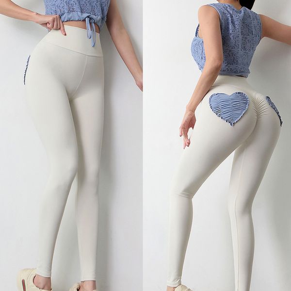 Leggings pour femmes pantalons de yoga design bleu Pantalon de survêtement à poche en forme de coeur Taille haute Ajustement serré Lifting des fesses Pantalon de sport à force élastique jogging fitness