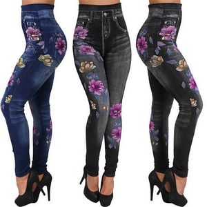 Dameslegging JODIMITTY Mode Slanke Bloemenprint Potlood Faux Denim Jeans Casual Kleding Plus Size Broek 220919