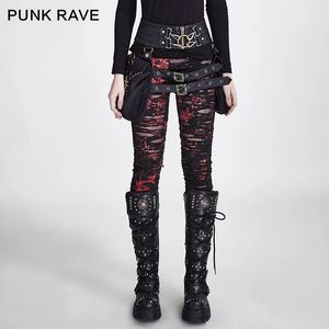 Femmes Leggings PUNK RAVE Gothique Femmes Cassé Maille Haute Élastique Trous Crochet Respirant Pantalon Déchiré Noir Rouge Steampunk Charme Sexy 231018