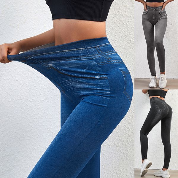 Leggings para mujer Stretch Well Fitness Bolsillos falsos Cintura alta Jeans de mezclilla de imitación Jeggings elásticos atractivos Pantalones de lápiz delgados ocasionales suaves 230921