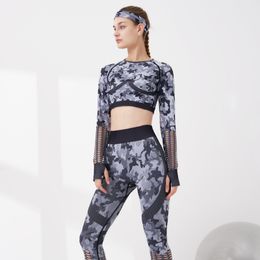 Dames leggings pakken camouflage yoga outfits ontwerptracksuit lange mouw middelste mouw middenrif-baring 2-delige billen lift elastische kracht sport slijtage sportschool kleding